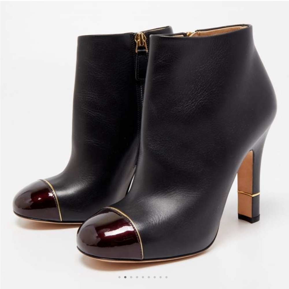 CHANEL ankle boot bootie cap toe black leather gold tone interlocking CC logo